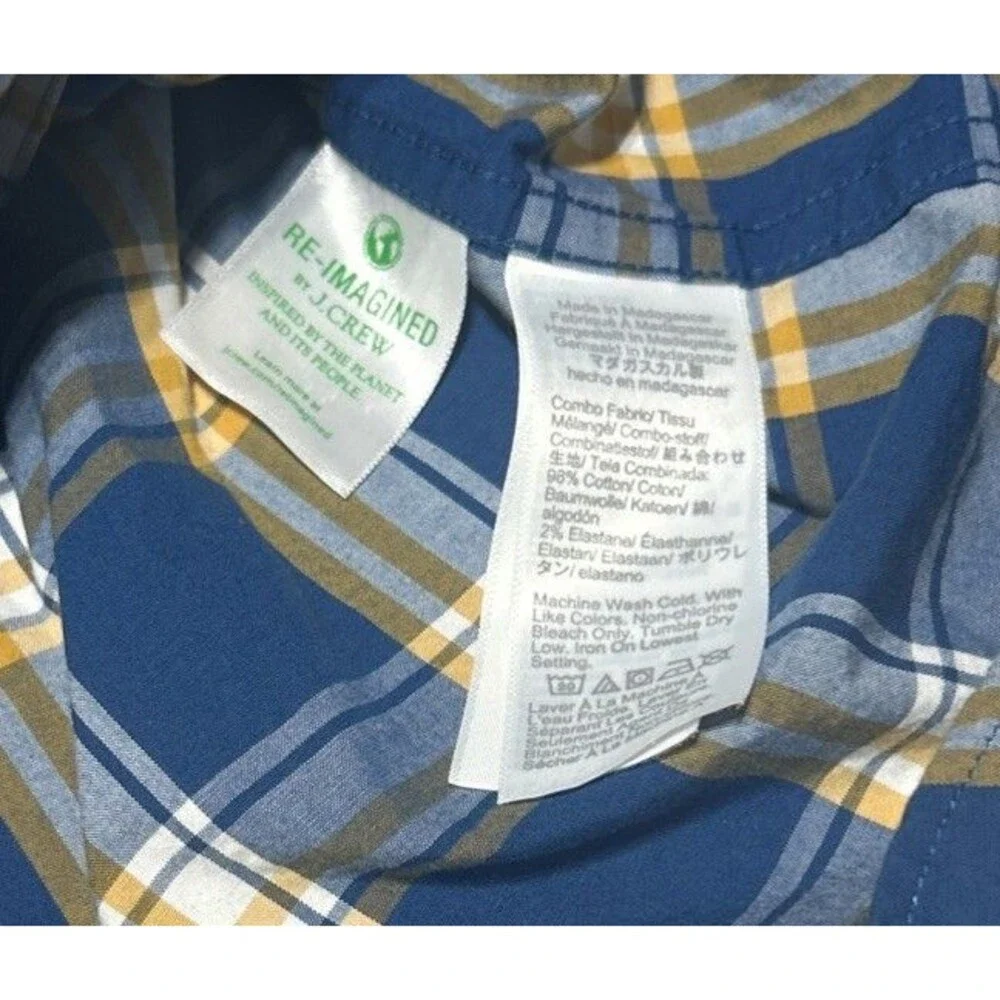 J.Crew Button Down Shirt Mens Large Slim Fit Flex Washed Plaid Blue Yellow Gold